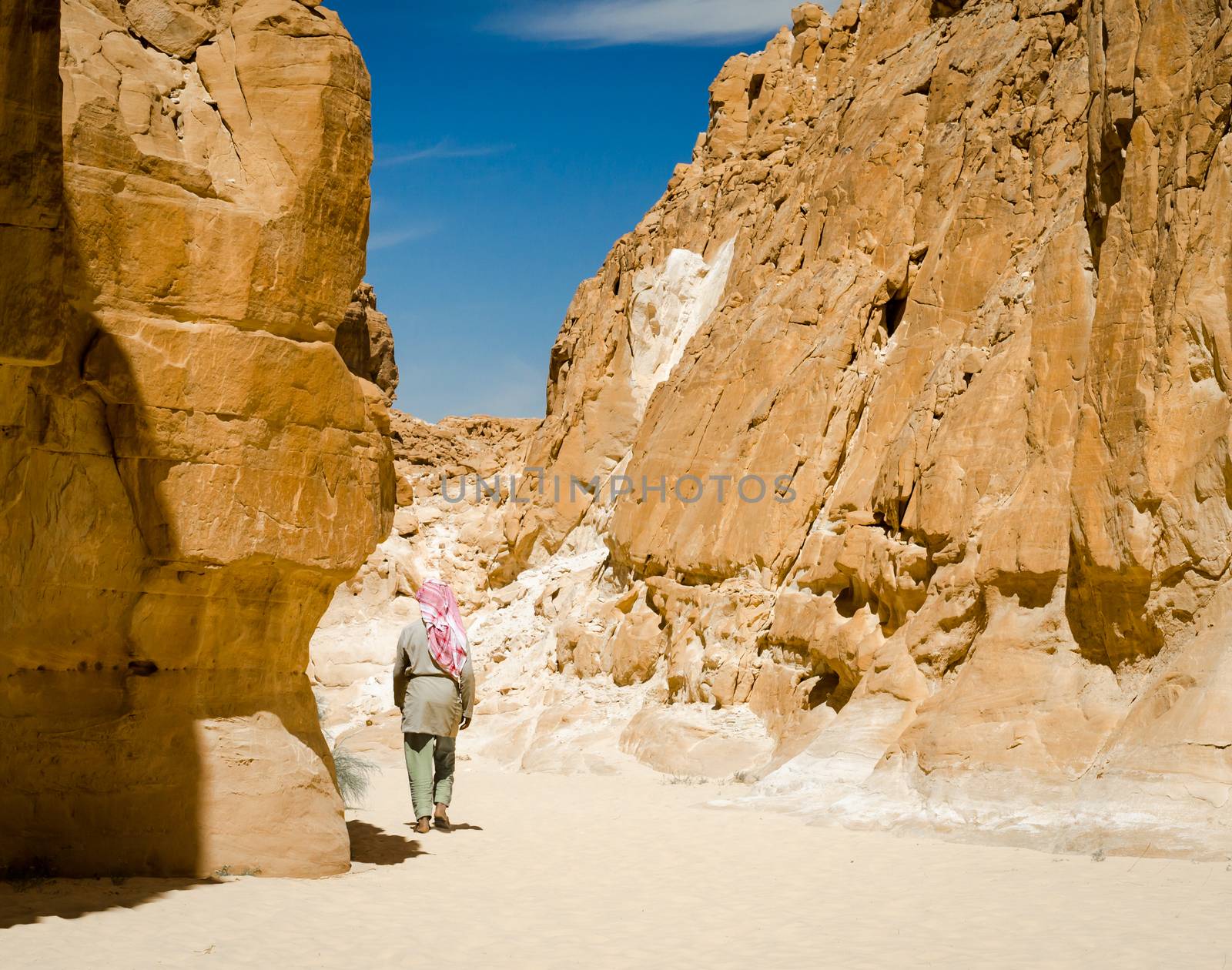 Bedouin walks among the rocks in a desert canyon in Egypt Dahab
