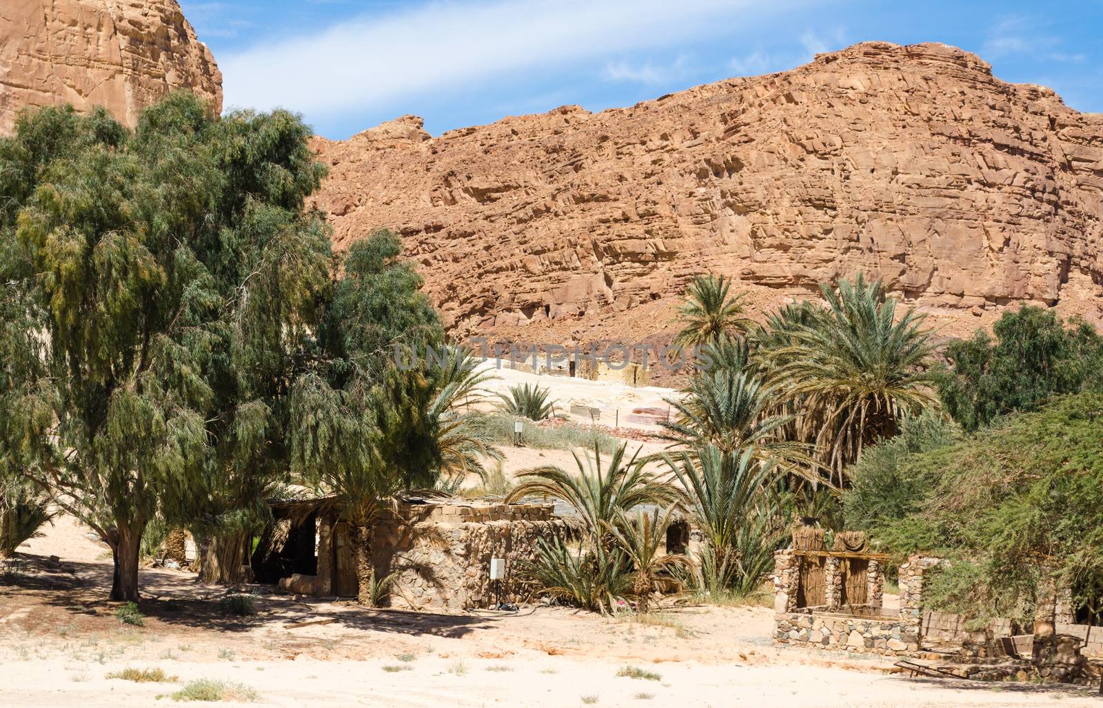 dwelling bedouin in an oasis in the desert among the mountains in Egypt Dahab