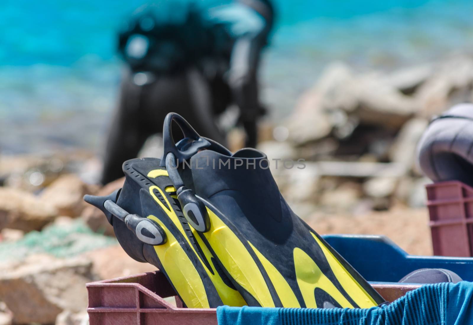 diving equipment in a crate on the beach in Egypt