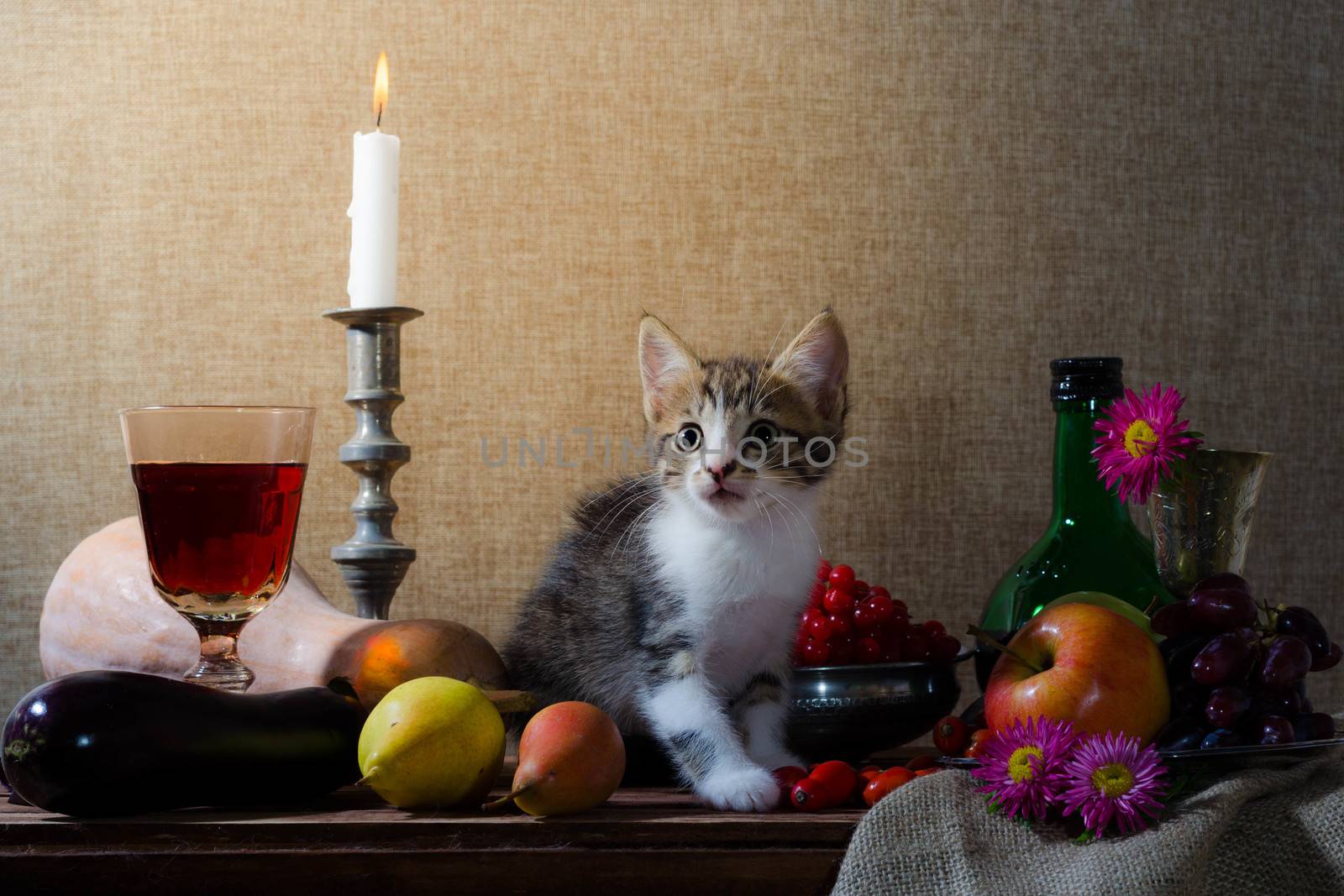 rustic still life with kitten pumpkin grapes dog rose green bottle grapes viburnum apples glass and tin glasses and a burning candle in a candlestick
