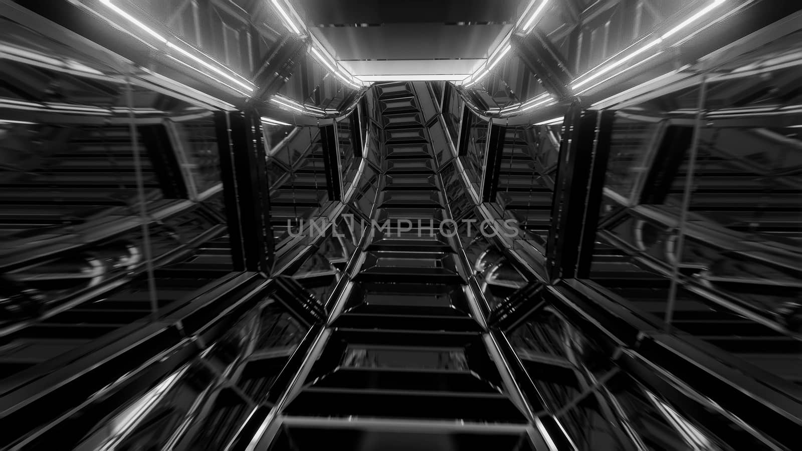 futuristic scifi glass tunnel corridor 3d illustration wallpaper background, modern sci-fi glass room 3d rendering design,