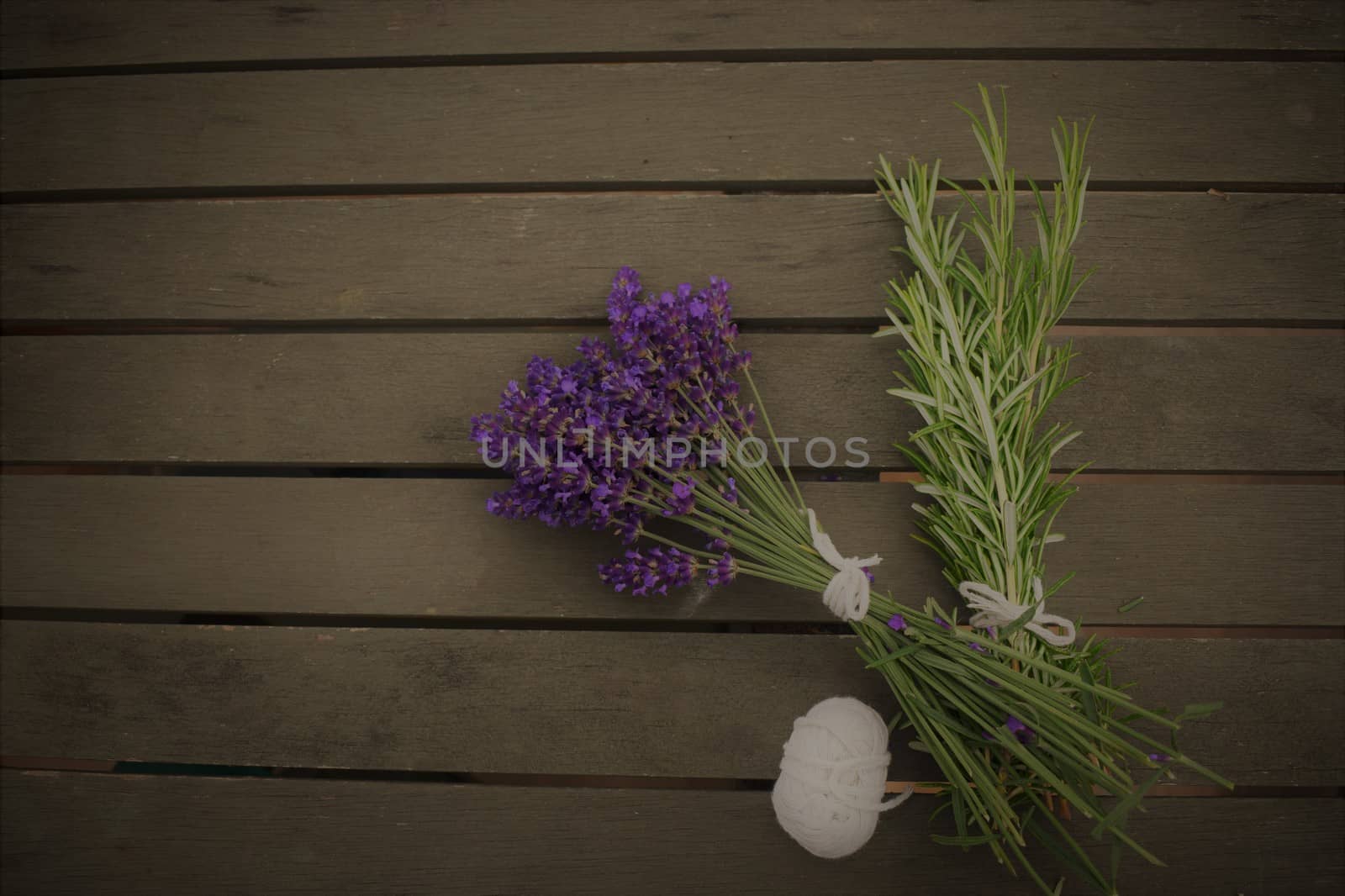 Lavender and Rosemary picked and tied with string.