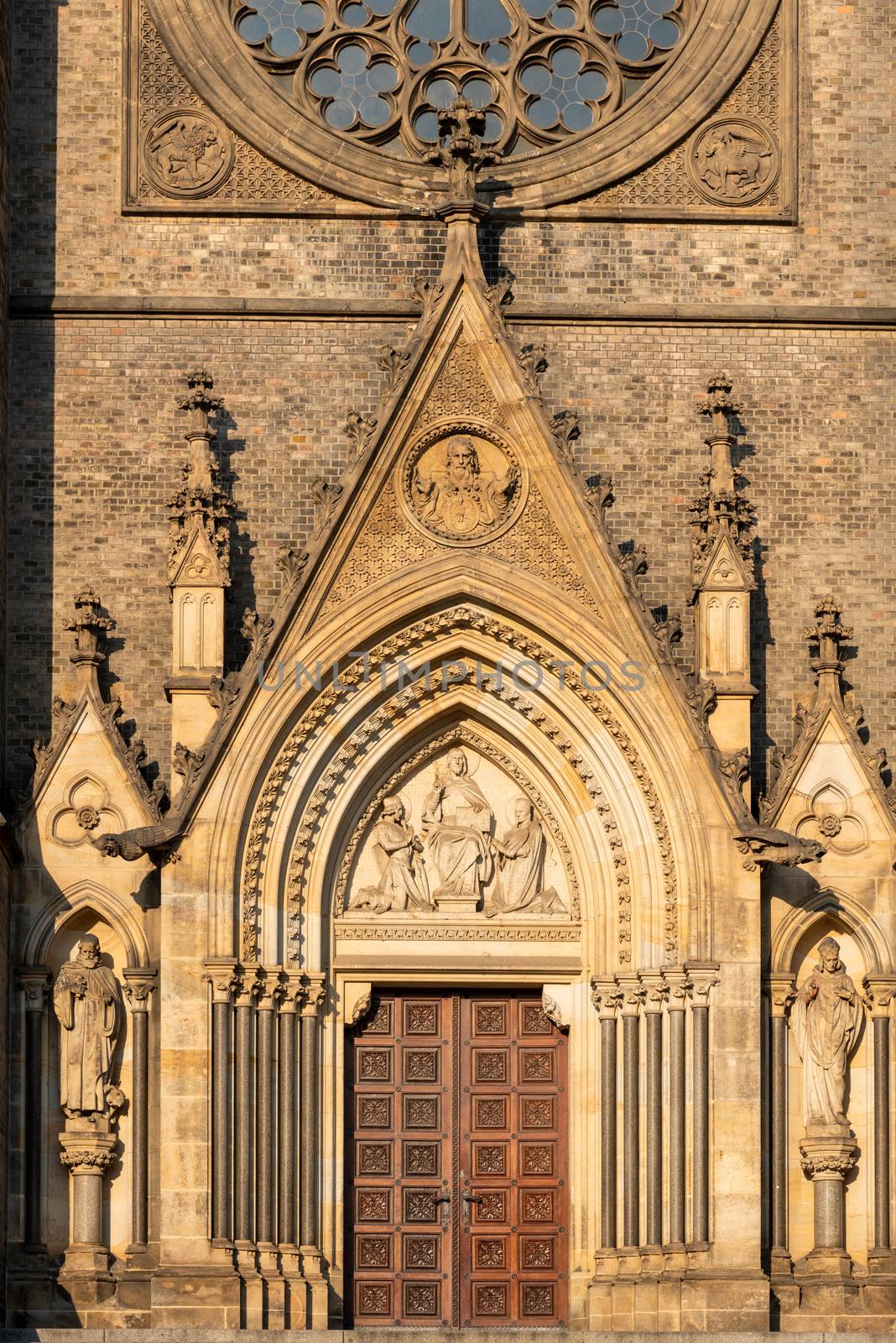 Main gate and portal of Church of St. Ludmila at the Peace Square, aka Namesti Miru, in Prague, Czech Republic by pyty