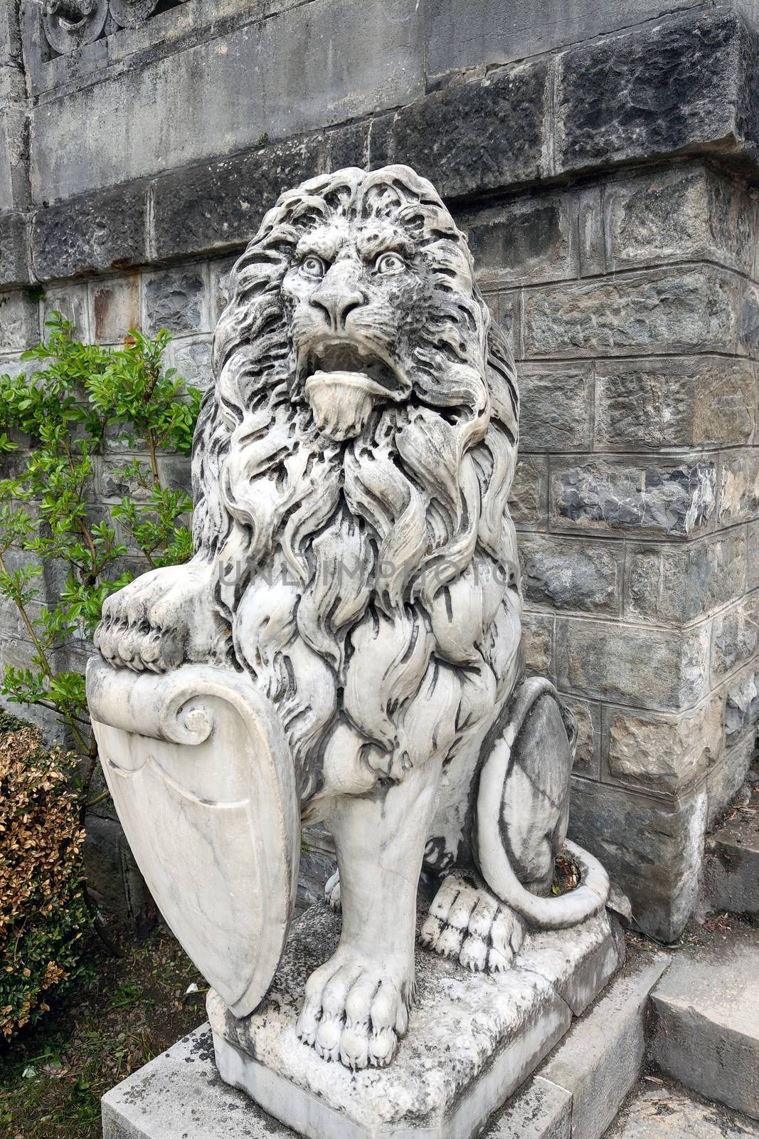Lion statue on the slope. Old sculpture