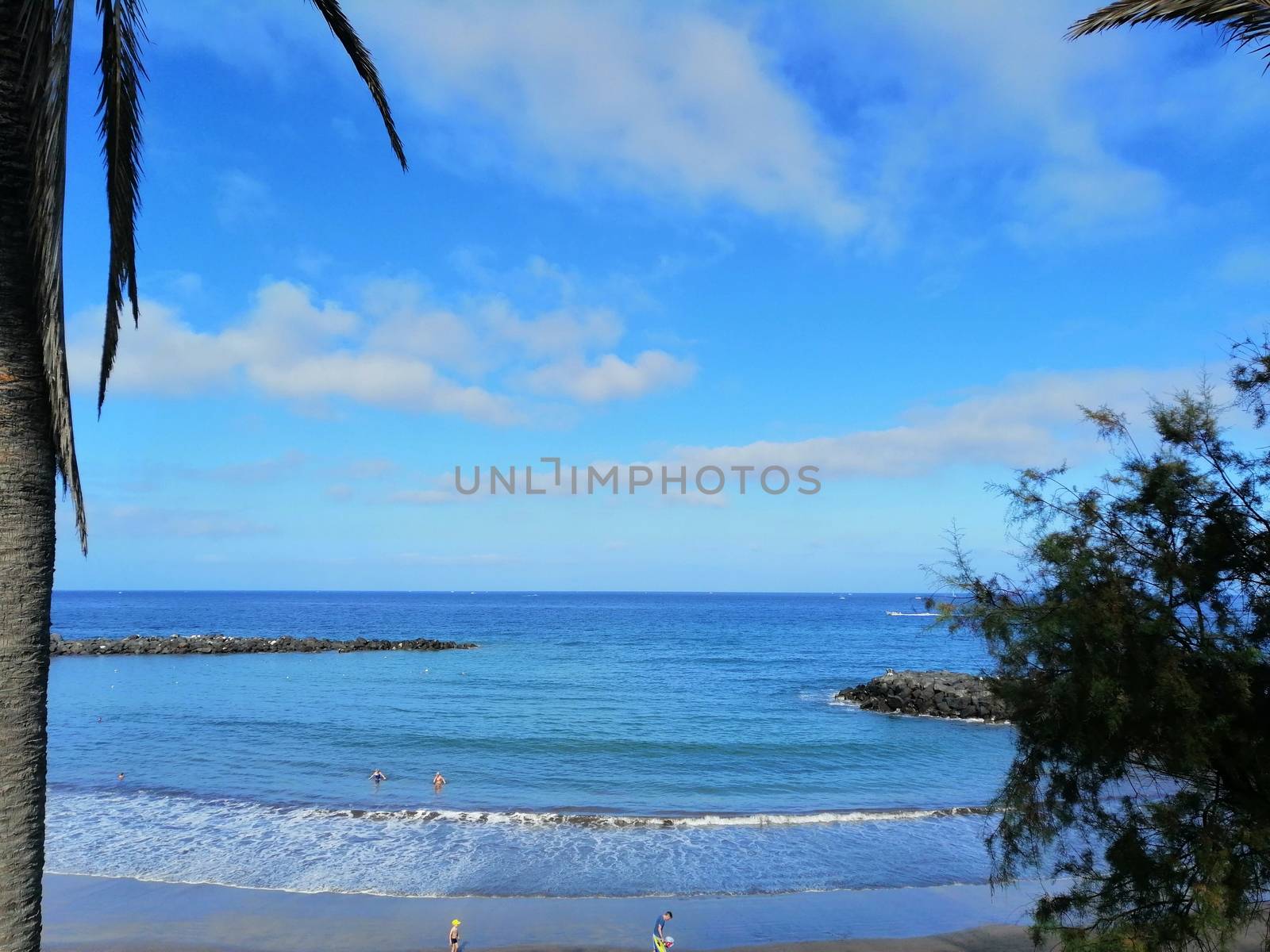 Tropical beach with palm trees in las Americas, Tenerife,Canary Islands. Summer vacation or travel concept.