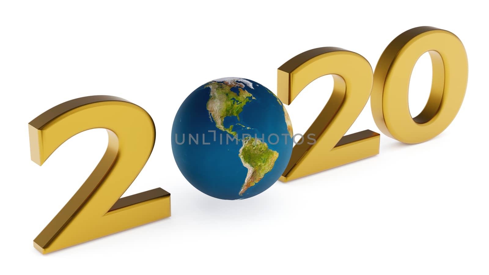 Yearr 2020 and globe america - new year concept 3d illustration over white