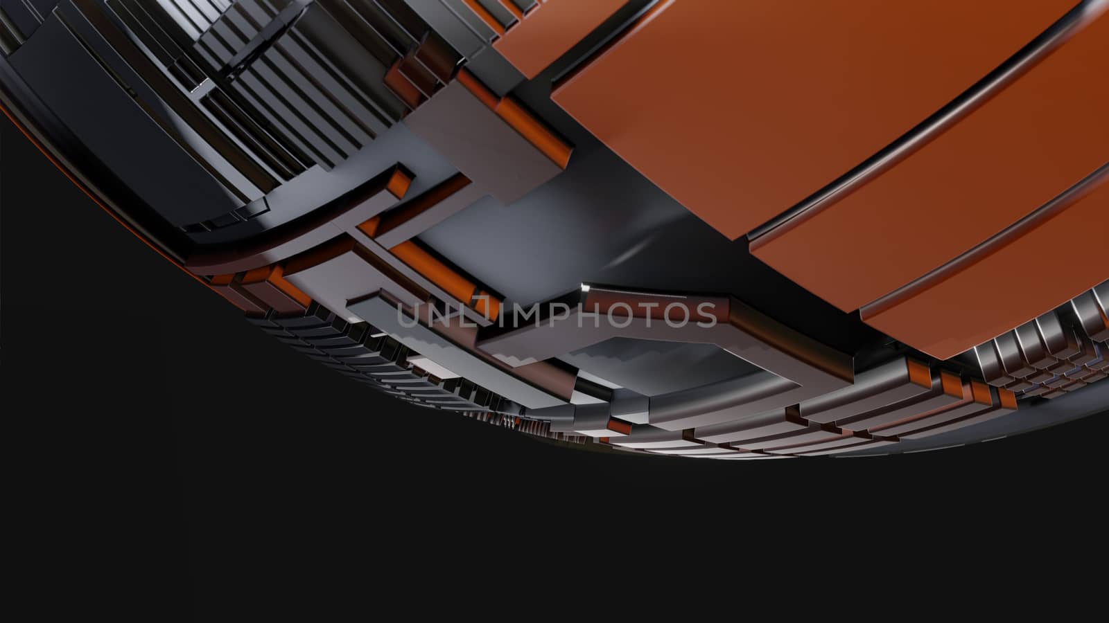 Abstract Hardsurface Sci-Fi Technology Sphere. Space Station Or Spaceship. 3D renderingor 3D illustration. Drak background