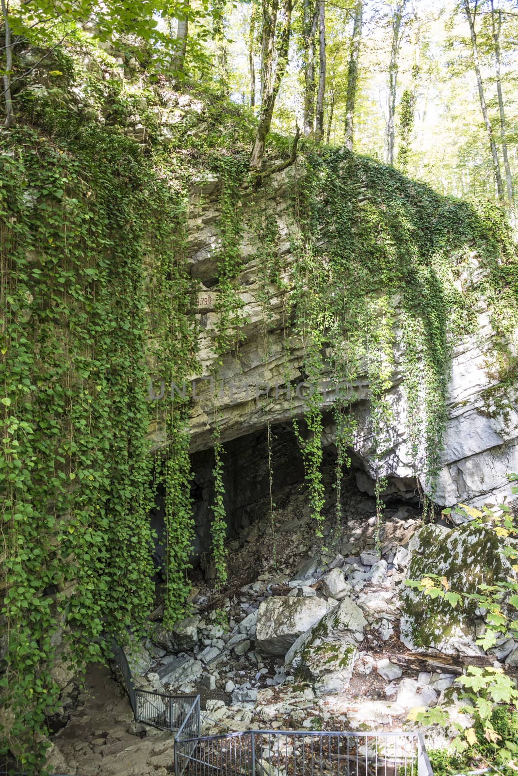 The entrance to the Vorontsov cave near the city of Sochi, Russia. Clear day October 24, 2019.