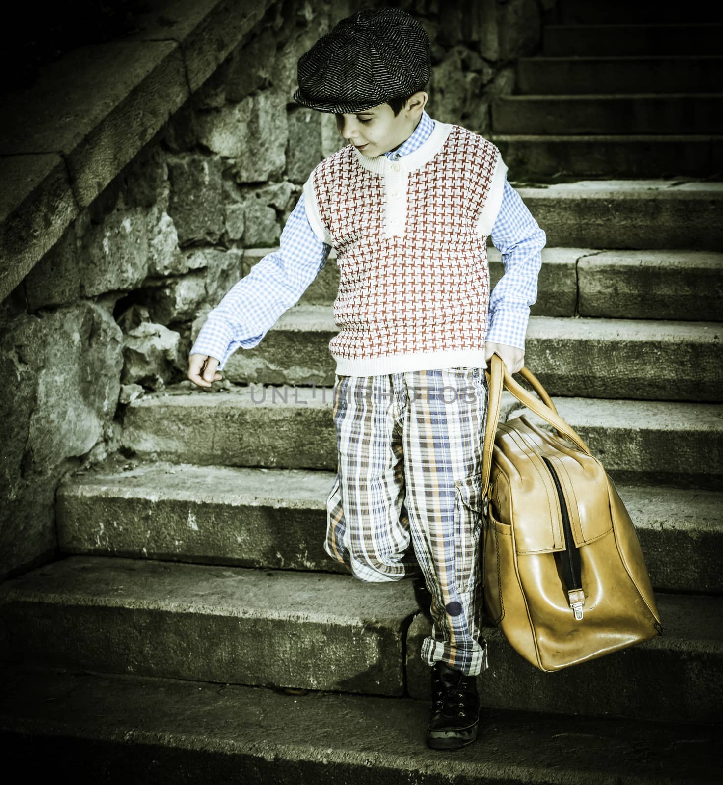 Exterior stairs and child with vintage bag by deyan_georgiev