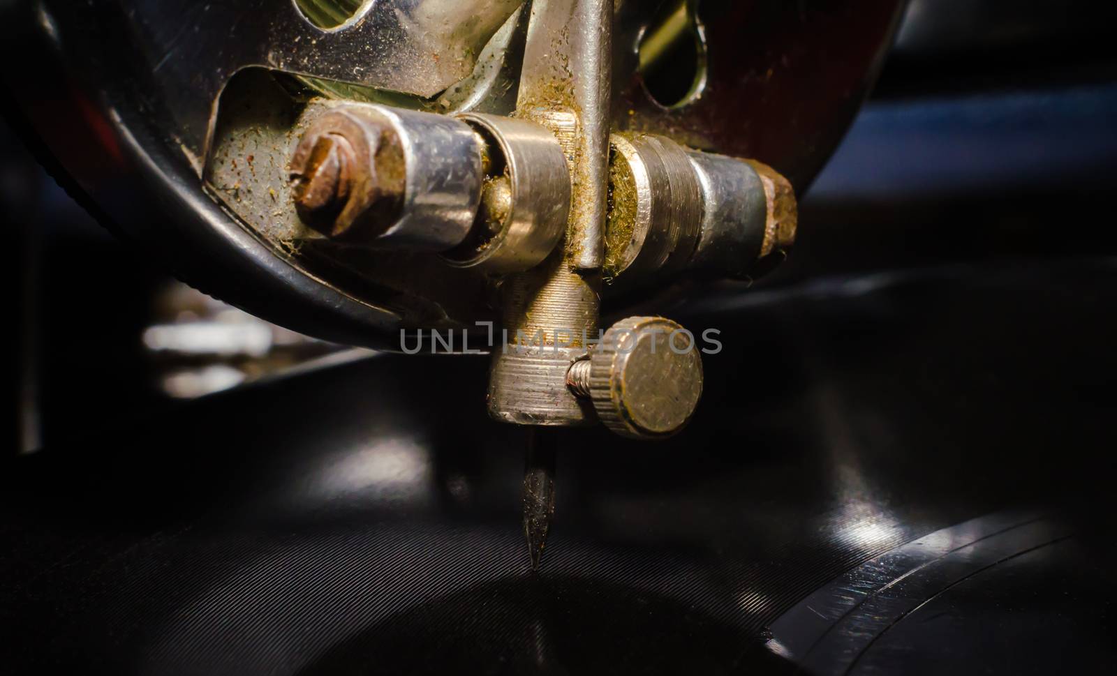fragment of an old gramophone with a vinyl record