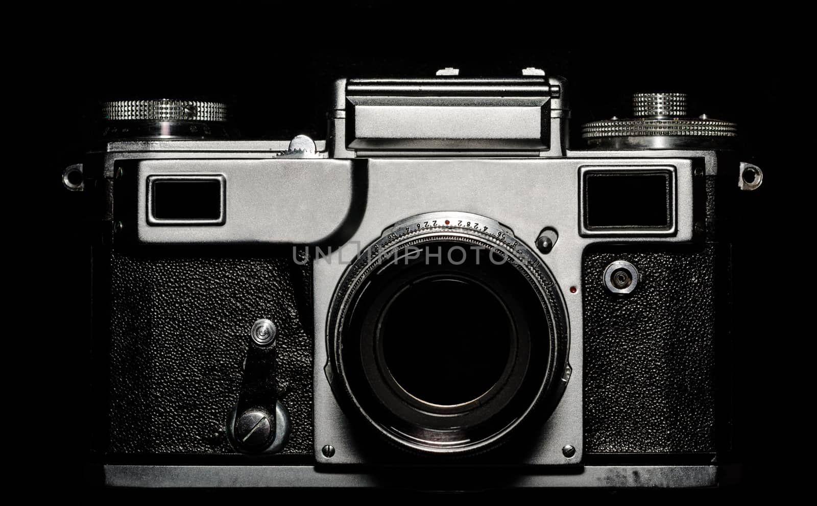 vintage camera on black background closeup