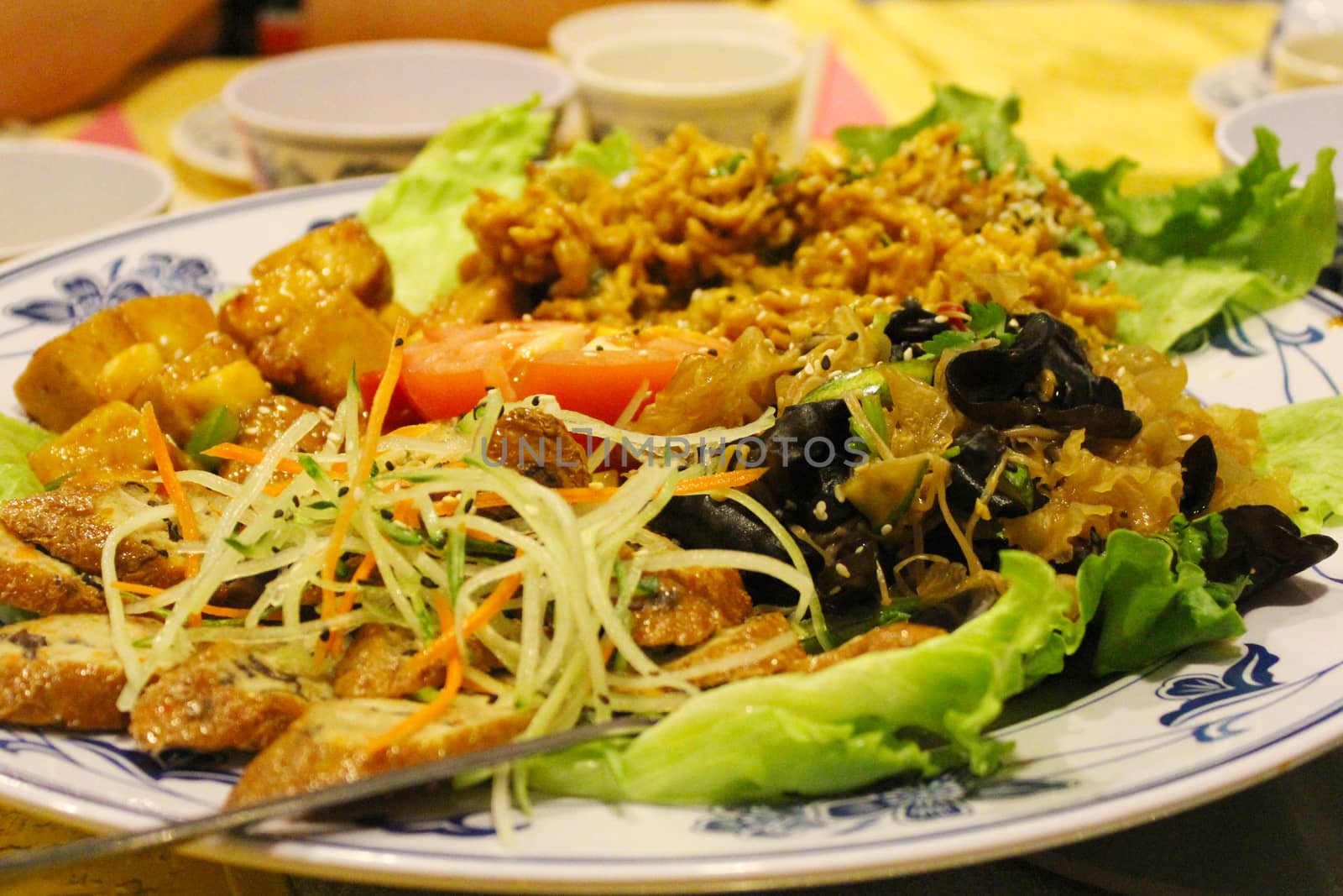 Close up of a  plate of taiwanese vegetarian food