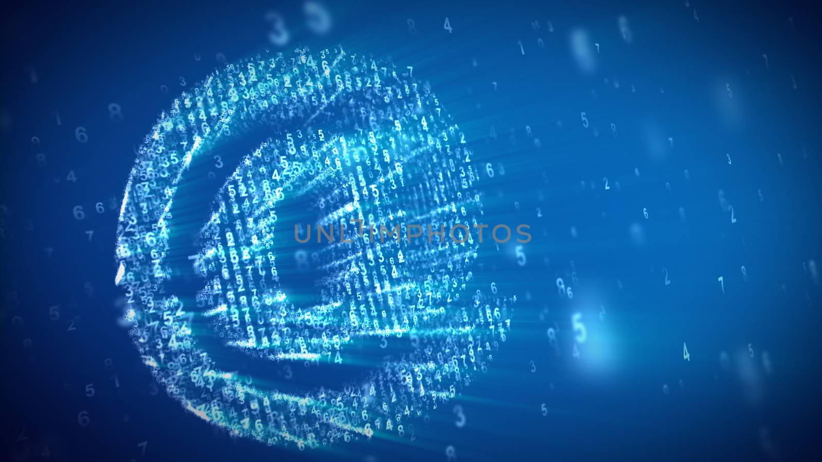 An advanced 3d rendering of the at sign soaring with a matrix effect in the light blue background. It is composed of shining spots, blurred dots turning energetically around.