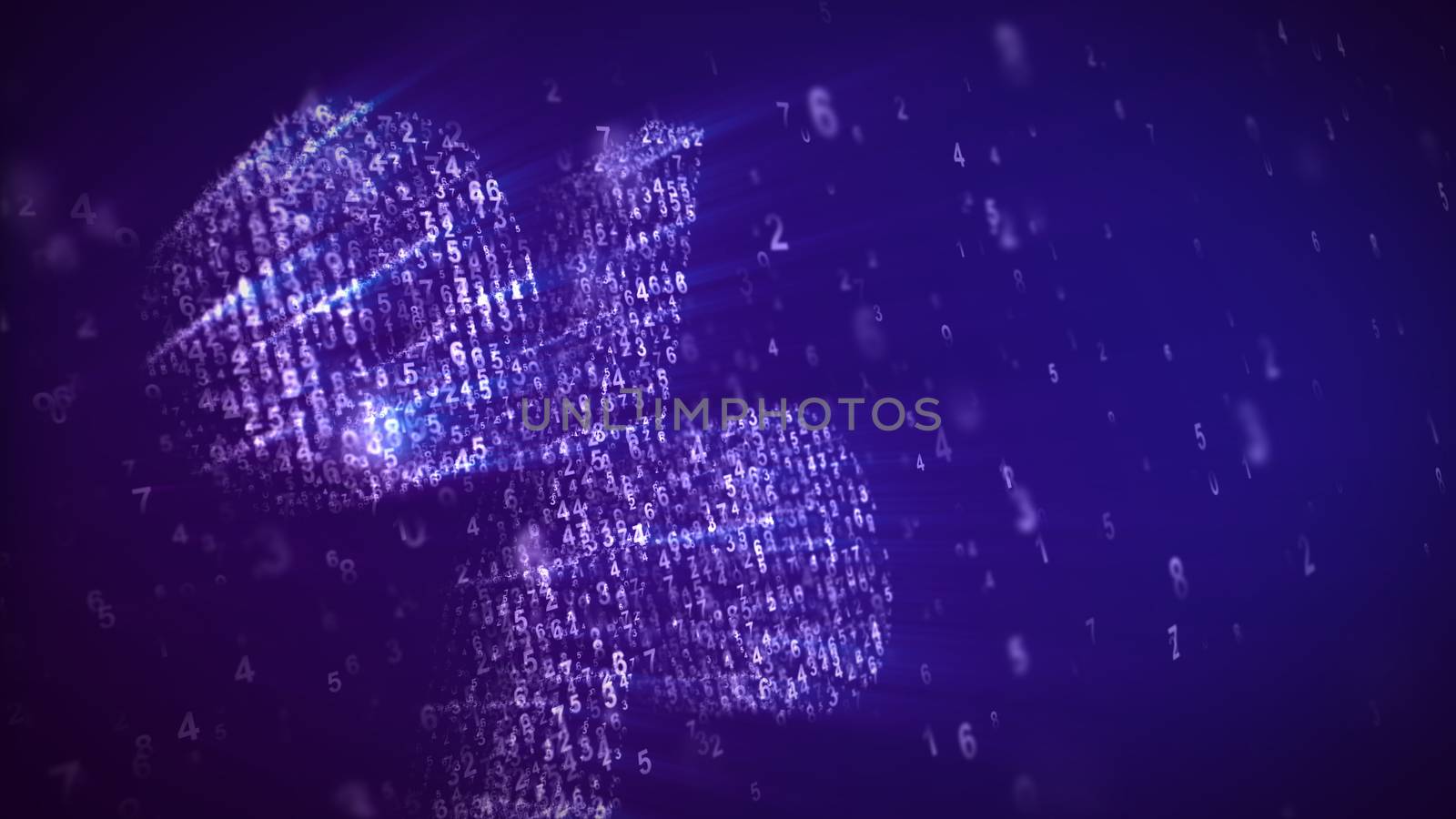 A striking 3d illustration of a per cent sign flying around with a matrix effect in the dark blue background. It is made of shining spots, while dazzling digits spin  around.