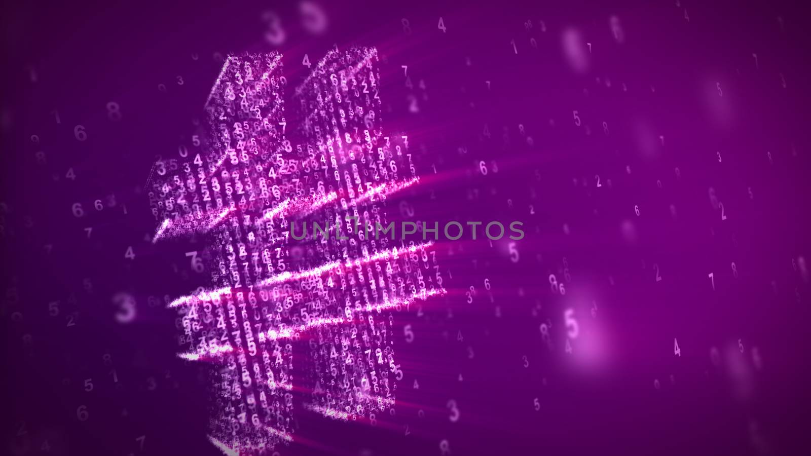 3d illustration of the number sign looking like a grate soaring with a matrix effect in the violet background. It is composed of three parallel surfaces with tiny digits sparkling brightly.
