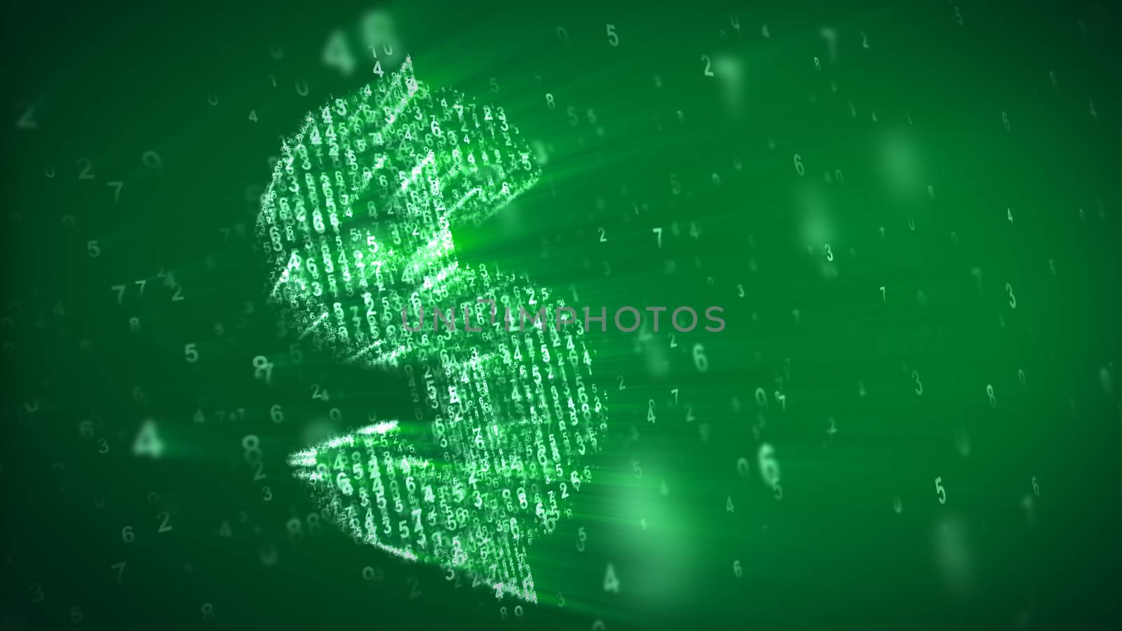 An inspiring 3d illustration of the dollar symbol spinning around with a matrix effect in the light green background. It is made of shining dots, while small numbers fly cheery around.