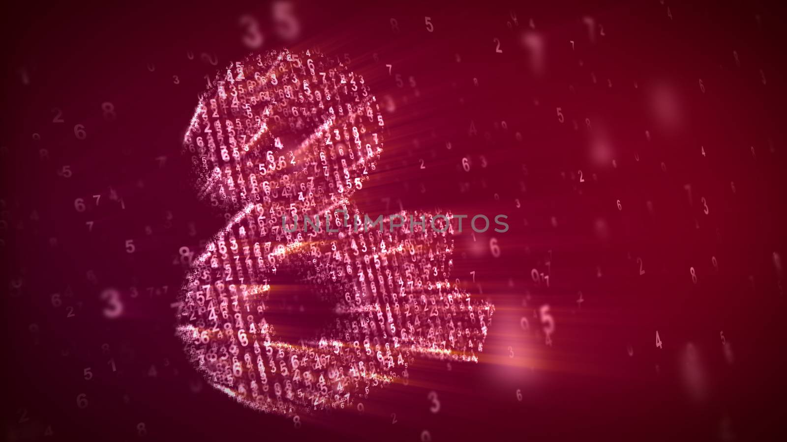 A wonderful 3d illustration of the shining ampersand logogram from petite digits spinning with a matrix impact in the blue background. Glittering tiny spots are rotating around in a bright way.