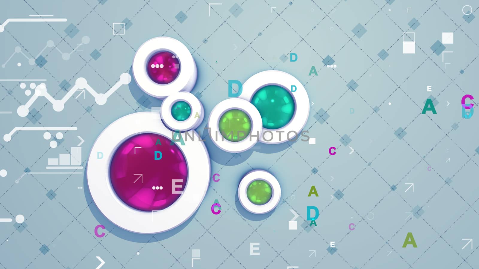 A futuristic 3d illustration of an abstract backdrop covered with colorful cylinders, impressive graphs from zigzag lines, a network from equal squares and other tiny and funny figures.