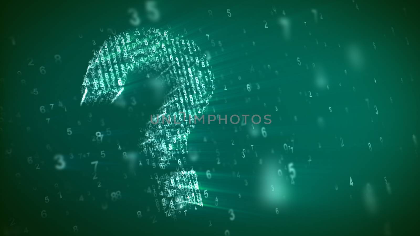 An abstract 3d illustration of the dazzling question mark from small digits whrling with a matrix effect in the khaki backdrop. Shining small spots are spinning around in a jolly way.