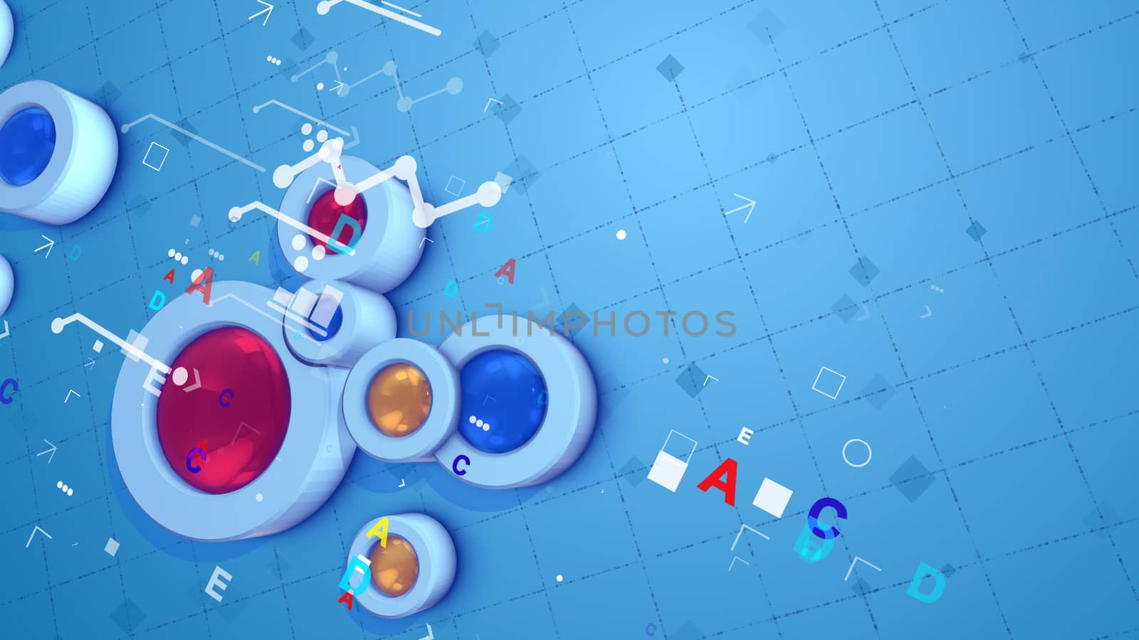A sci-fi 3d illustration of an abstract background full of multicolored cylinders, bright diagrams from zigzag stripes, arrows, letters, a grate of equal squares and other small and childish signs.