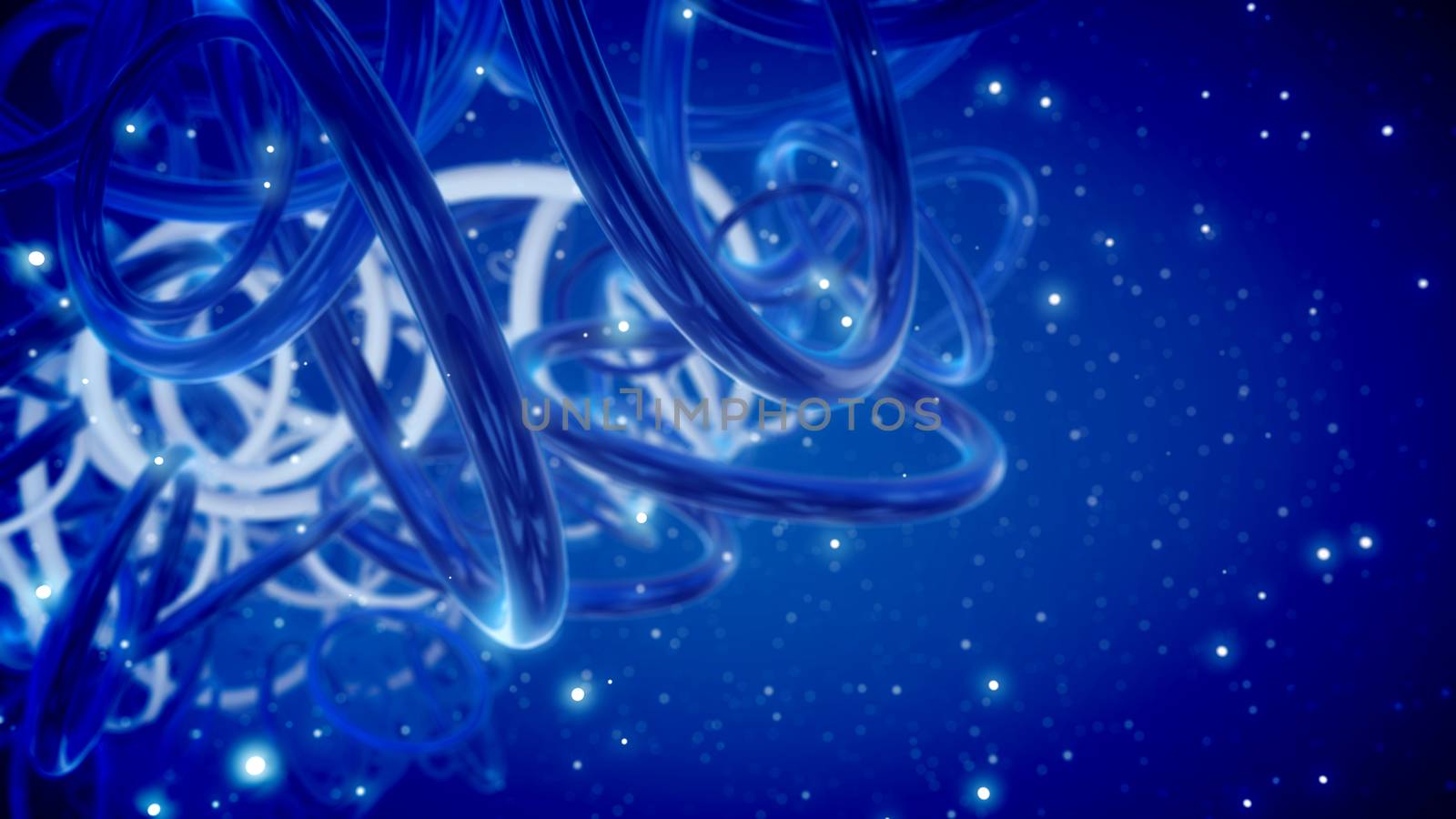 A fantasy 3d illustration of blue and white rings looking like some sci-fi time portal between some techno civilizations in a bright space with many shining stars and sparkling spots.