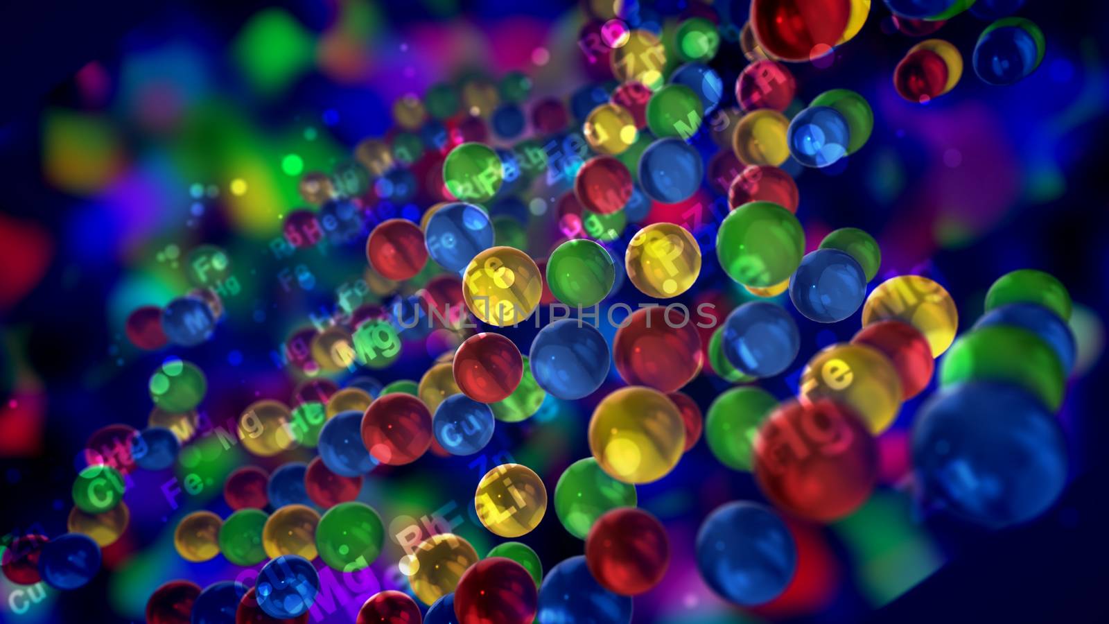 An exciting 3d illustration of multicolored balls with the symbols of chemical elements  placed in several flat surfaces moving and flying in the dark blue backdrop in a cheery way.