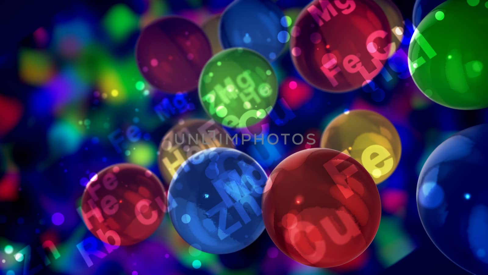 A cheery 3d illustration of see-through colorful balls with the signs of chemical elements shining brightly nearby and flying around in a jovial way in the black background.