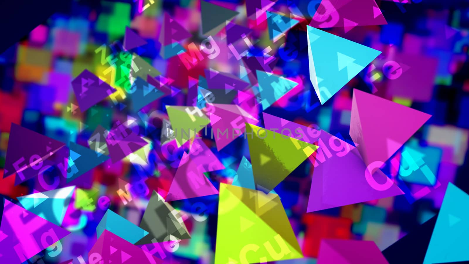 A hilarious 3d illustration of sparkling multicolored pyramids with the signs of chemical elements flying and playing in the black background. They generate the mood of joy, optinism and fun.