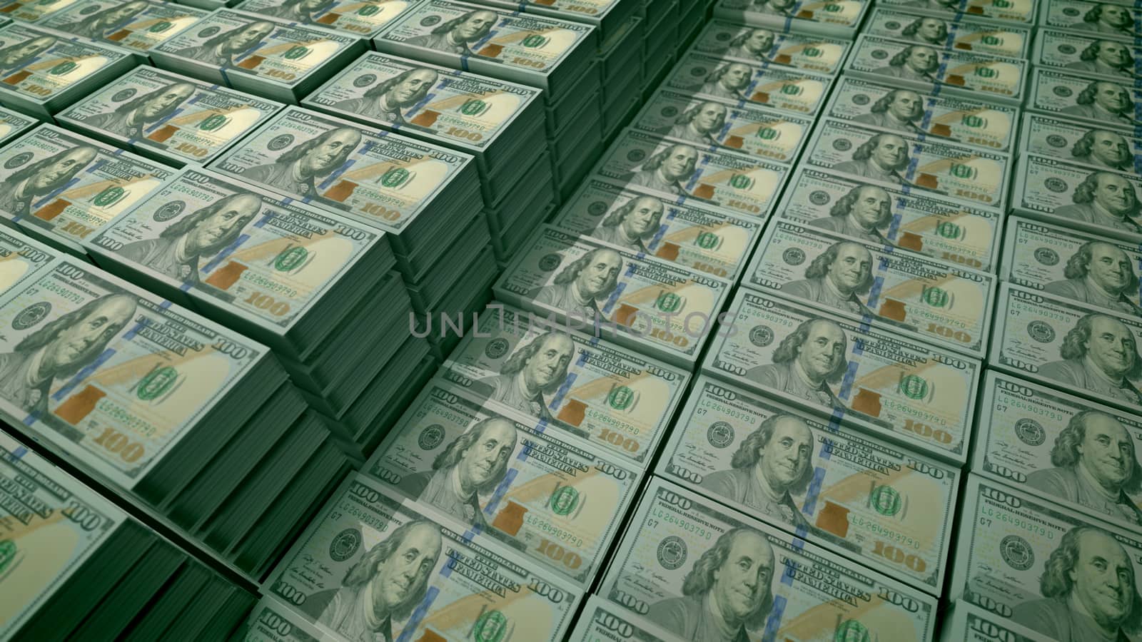 3d illustration of 100 dollar bills placed in bundles in a large bank depository. On the observe of the globally known banknotes there are portraits of Diplomat Father Benjamin Franklin.