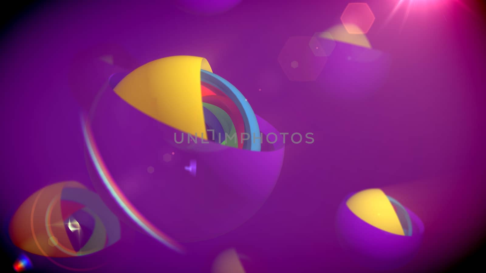 An artistic 3d illustration of nested camera objects of rainbow colors inserted in big semi-spheres with shutters in the blue backdrop. They create the mood of cheerfulness, curiosity and joy.