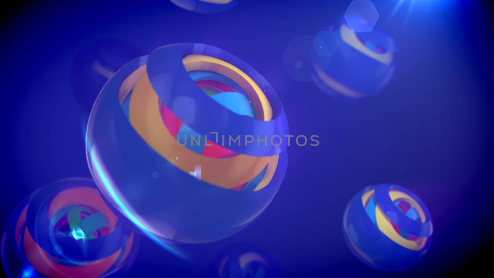 An advanced 3d illustration of nested eye-camera objects of different colors rotating in cup looking semi-spheres in the blue backdrop. They create the mood of optimism and interest.