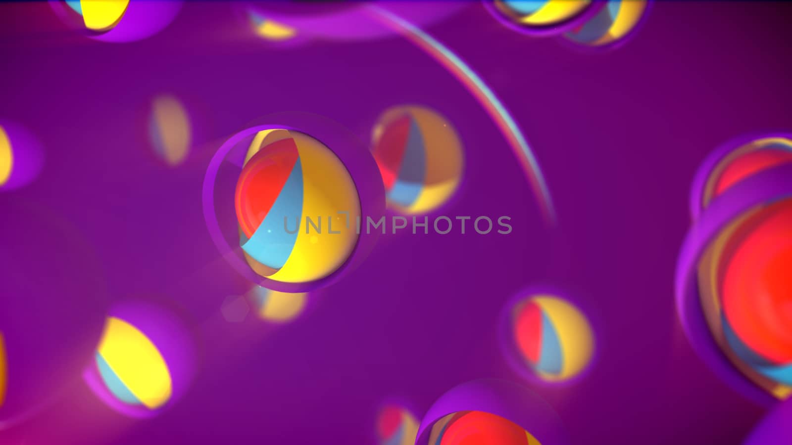 An innovative 3d illustration of nested camera objects of rainbow colors placed in large semi-spheres with shutters in the violet backdrop. They form the mood of happiness, innovation and joy.