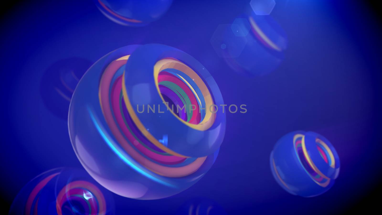 An arty 3d illustration of nested spheric objects of rainbow colors inserted in cup looking semi-spheres with splits in the blue backdrop. They generate the mood of fun and curiosity.