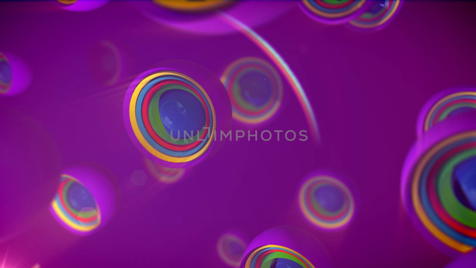 An optimistic 3d illustration of alien looking objects of rainbow colors placed in open semi-spheres with splits in the violet backdrop. They create the mood of optimism, enigma and joy.