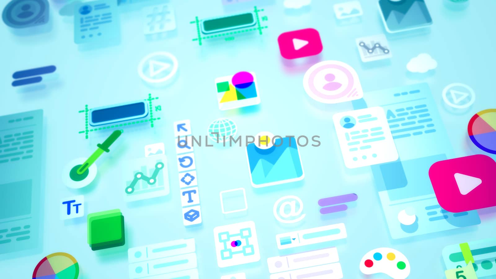 A cheery 3d illustration of colorful interface elements including such icons as personal data, number, enter, at sign, person, pie chart, healthcare, temperature, text and so on. They look childish.