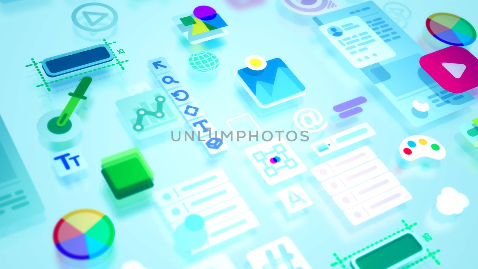 An optimistic 3d illustration of various interface constituents including such buttons as enter, at sign, person, pie chart, medicine assistance, temperature, text and so on. They look funny