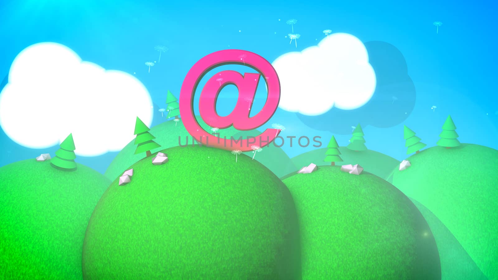 A childish 3d illustration of a sunny landscape with round hills, pine trees, green lawns, flying dandelion parachutes, shadows and blue sky with white clouds, large pink at sign.