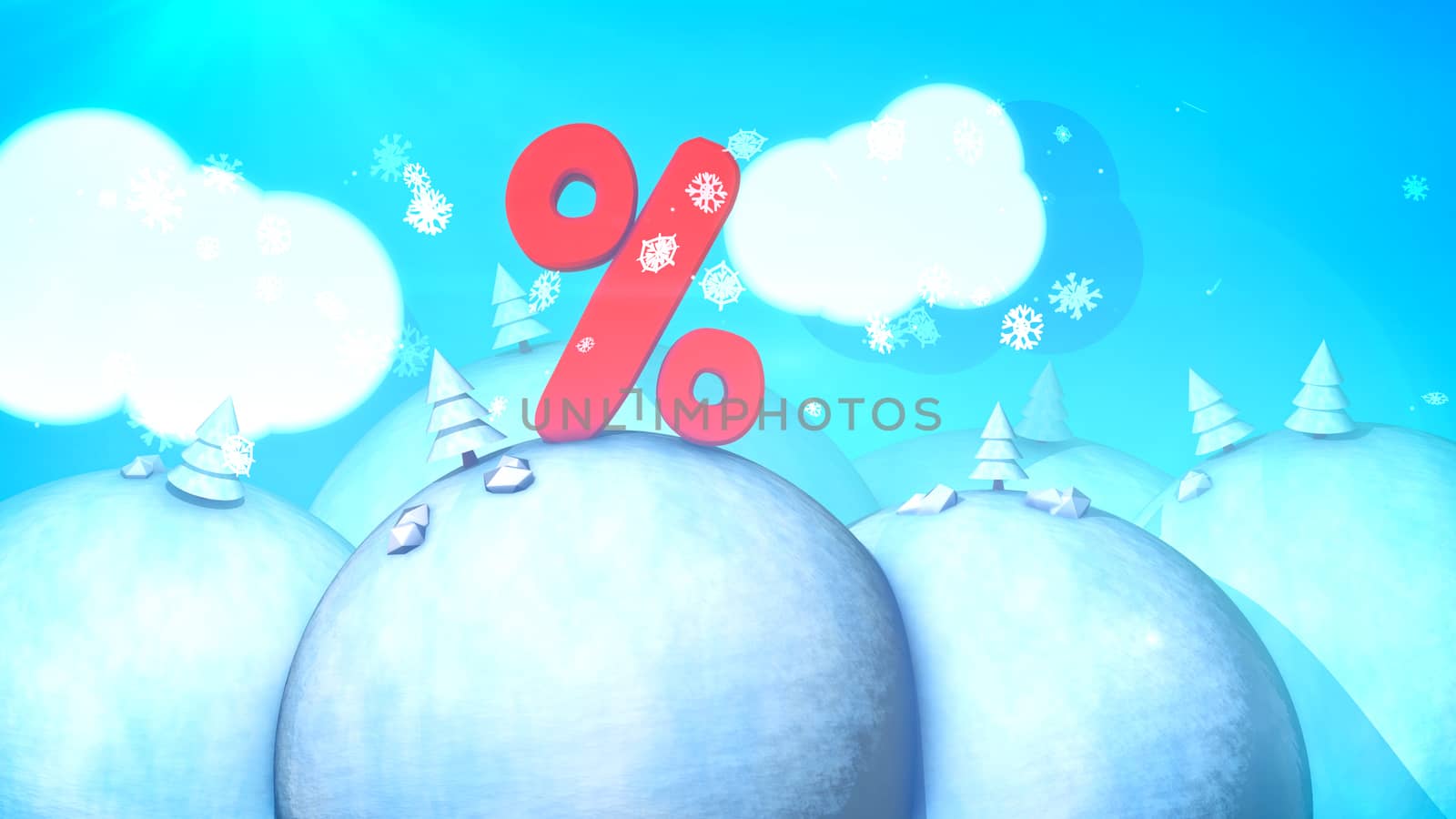 A hilarious 3d illustration of a sunny winter landscape with snowy hills, pine trees, white meadows, soaring snowflakes and blue sky with nice fluffy clouds, big per cent symbol.