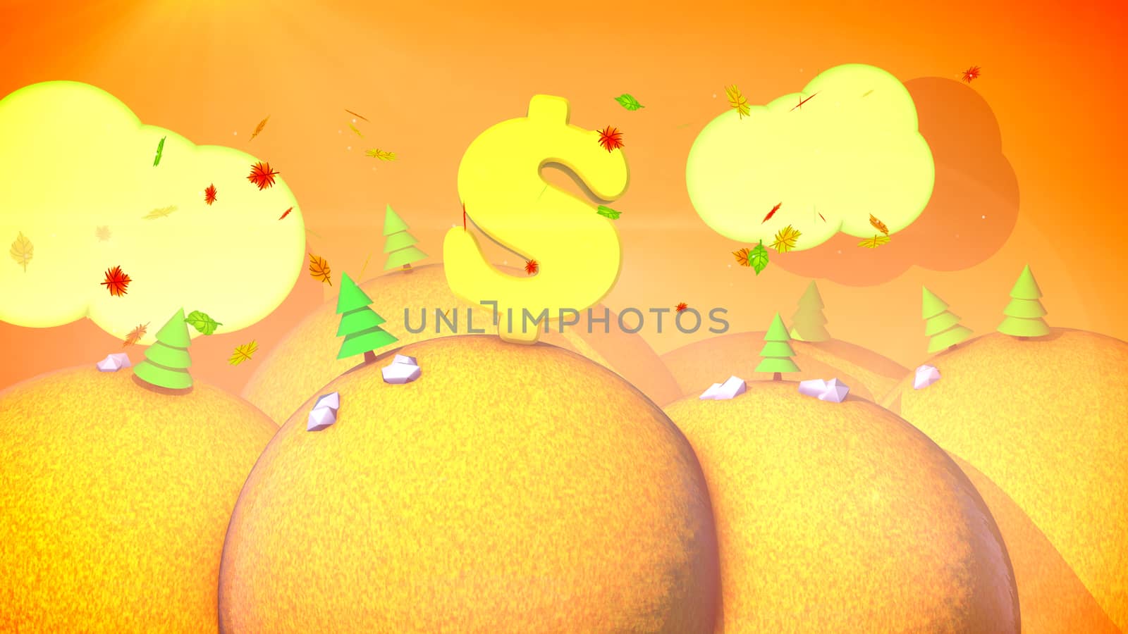 A childlike 3d illustration of a sunny autumn landscape with orange hills, colored fir trees, yellow lawns, flying leaves and golden sky with white clouds, large dollar symbol.