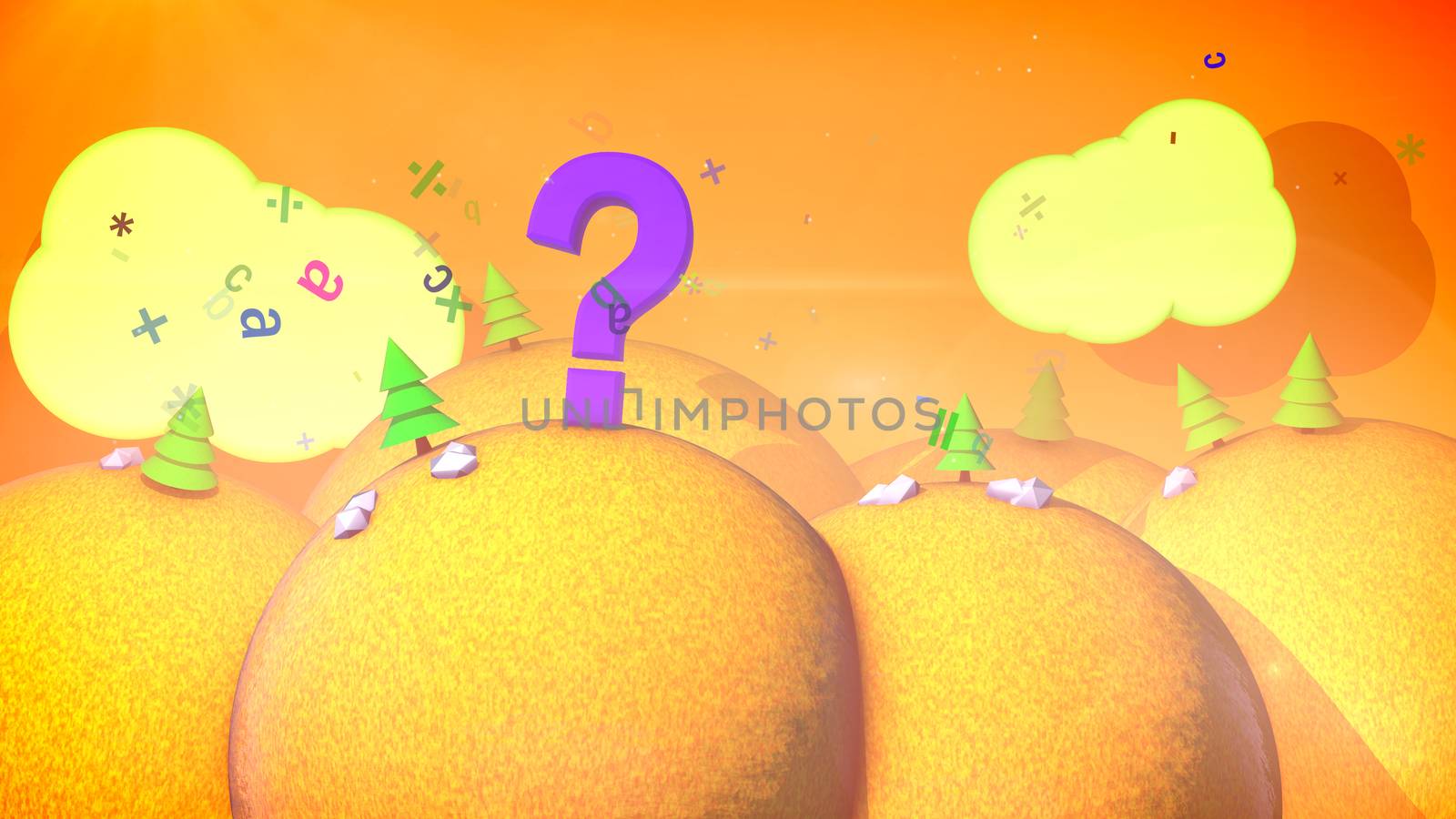 An amazing 3d illustration of a sunny autumn landscape with yellow hills, funny fir trees, orange lawns, flying letters and pc symbols and golden sky with white clouds, large question mark.