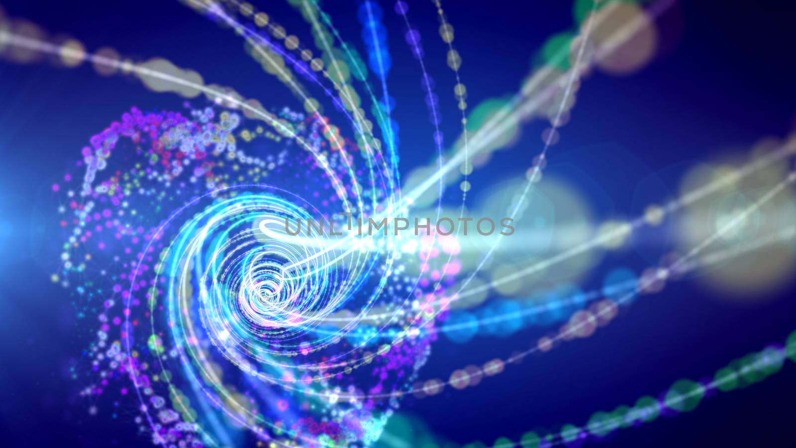 A magic 3d illustration of sparkling spirals forming a time portal among constellations of stars in a dark violet universe. They generate the mood of optimism, innovation and progress.