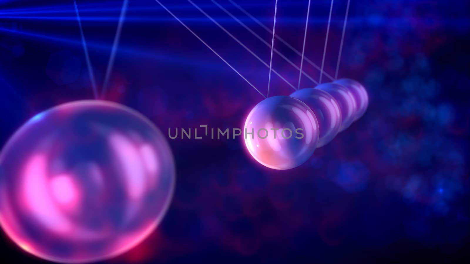 A pensive 3d illustration of steel balls pendulum with swaying beads balls beating each other in a blue and pink backdrop with blurred dots. They look wise, optimistic and striking.