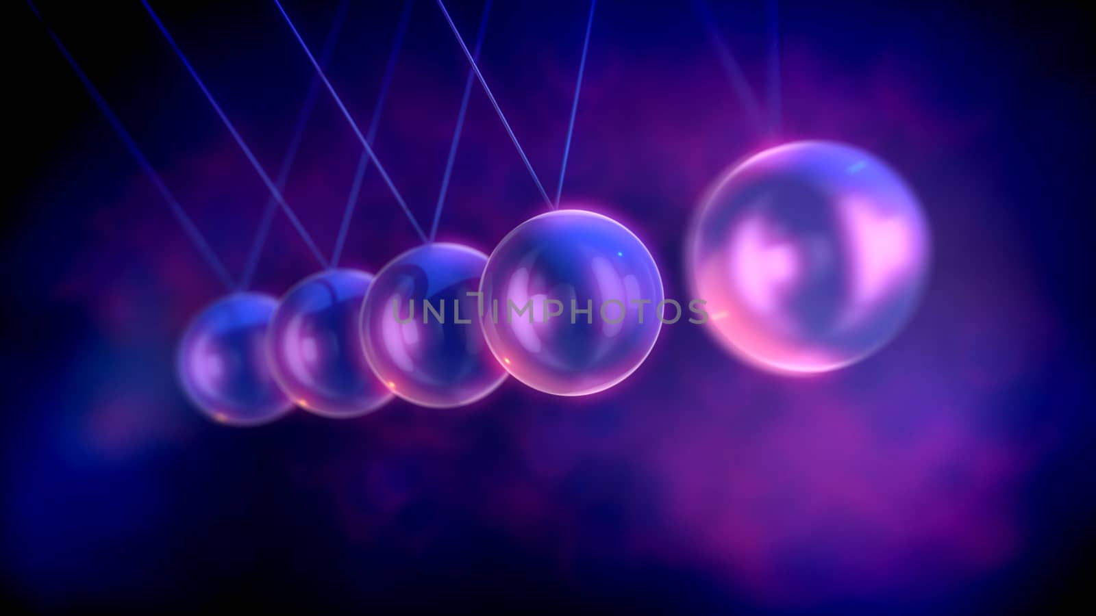 A meditative 3d illustration of steel beads pendulum with waving balls beating each other in a violet background with blurred and bright spots. They remind us that our life is not endless .