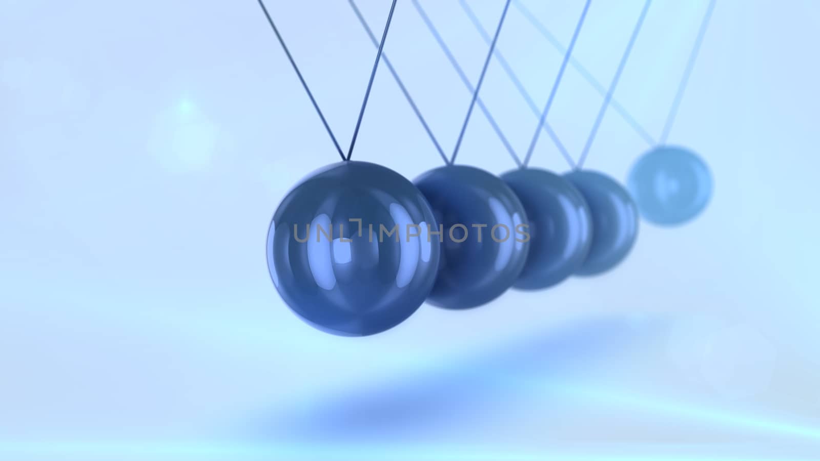 A stunning 3d illustration of black steel balls pendulum with waving diagonally beads beating each other in a light blue background with blurred spots. They look splendid, eternal and smart.