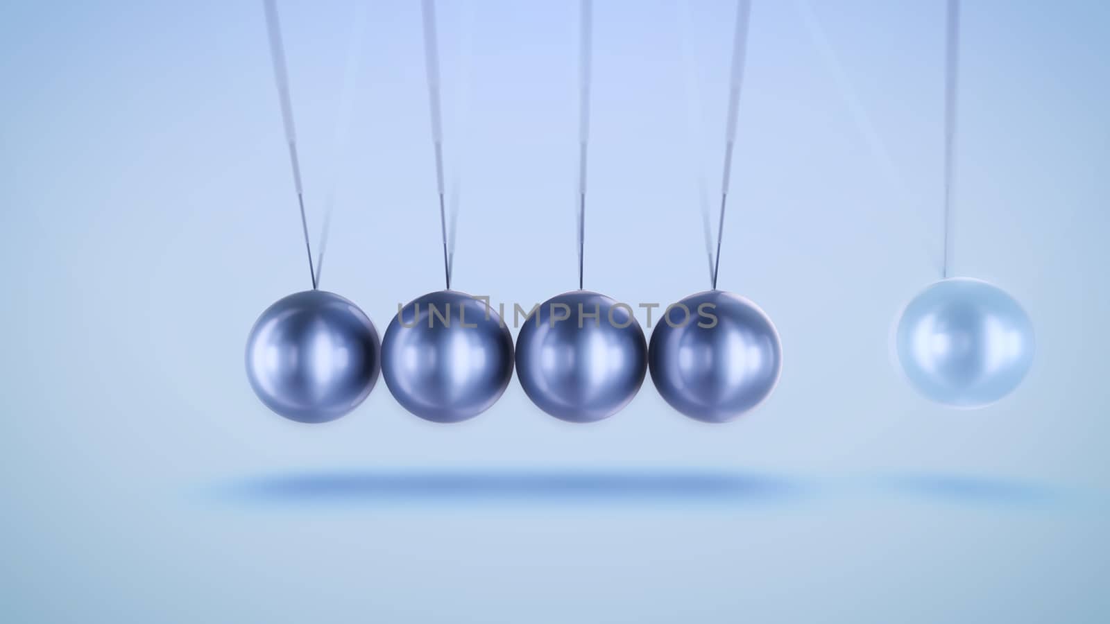 An impeccable 3d illustration of silver balls pendulum with swaying horizontally beads hitting each other in a light blue backdrop with blurred dots. They look technological, eternal and exact.
