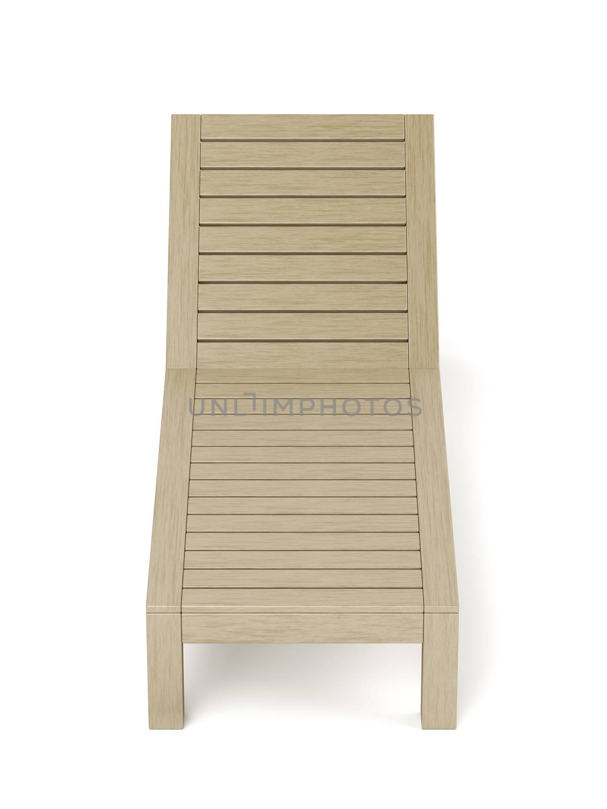 Front view of empty wooden sun lounger on white background