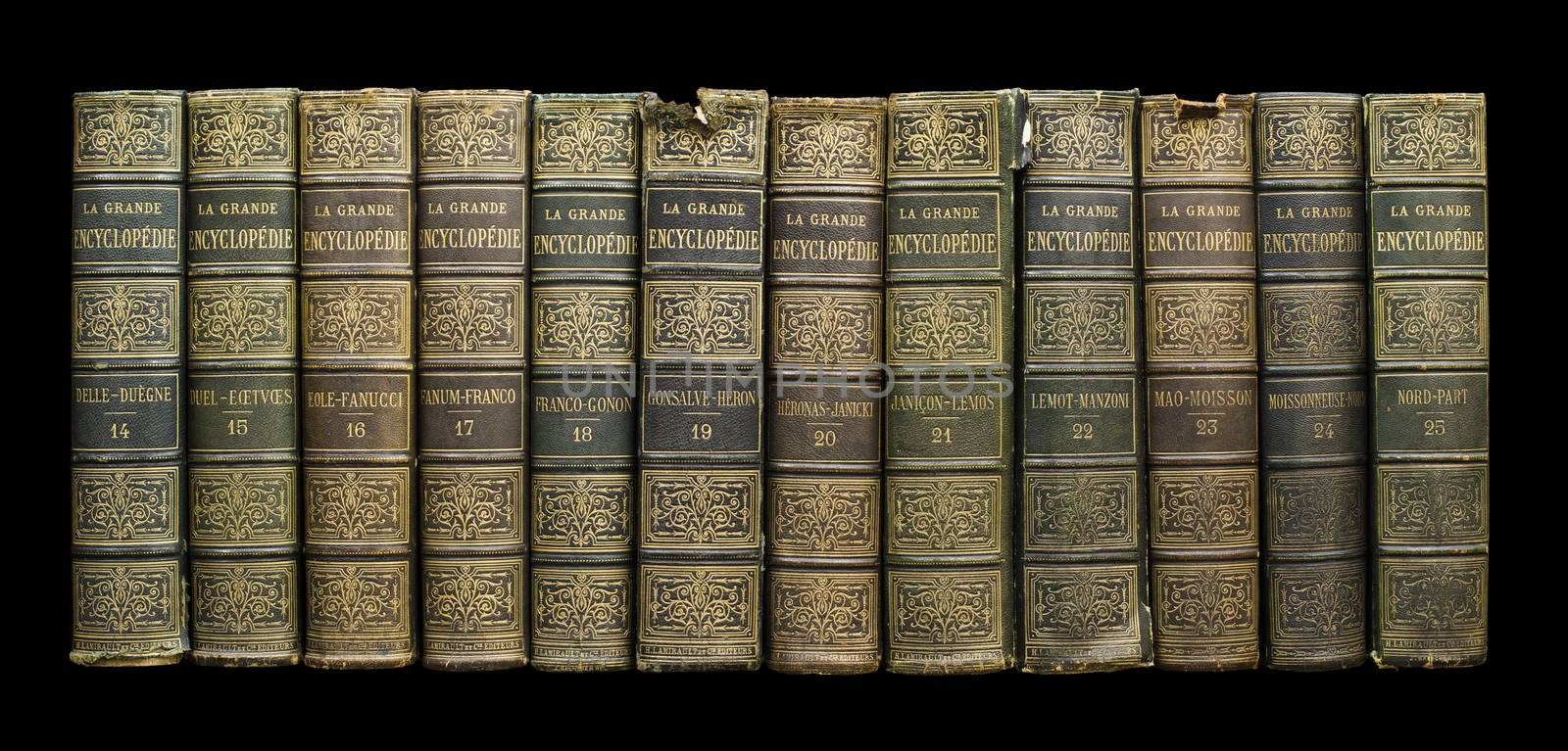 Old books on shelf. French encyclopedia
