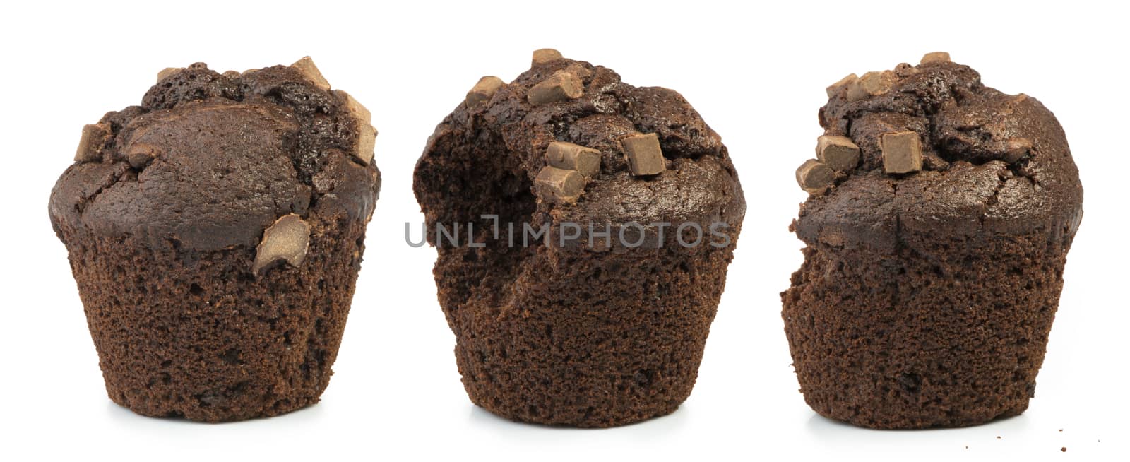 Chocolate muffin. White isolated studio shot