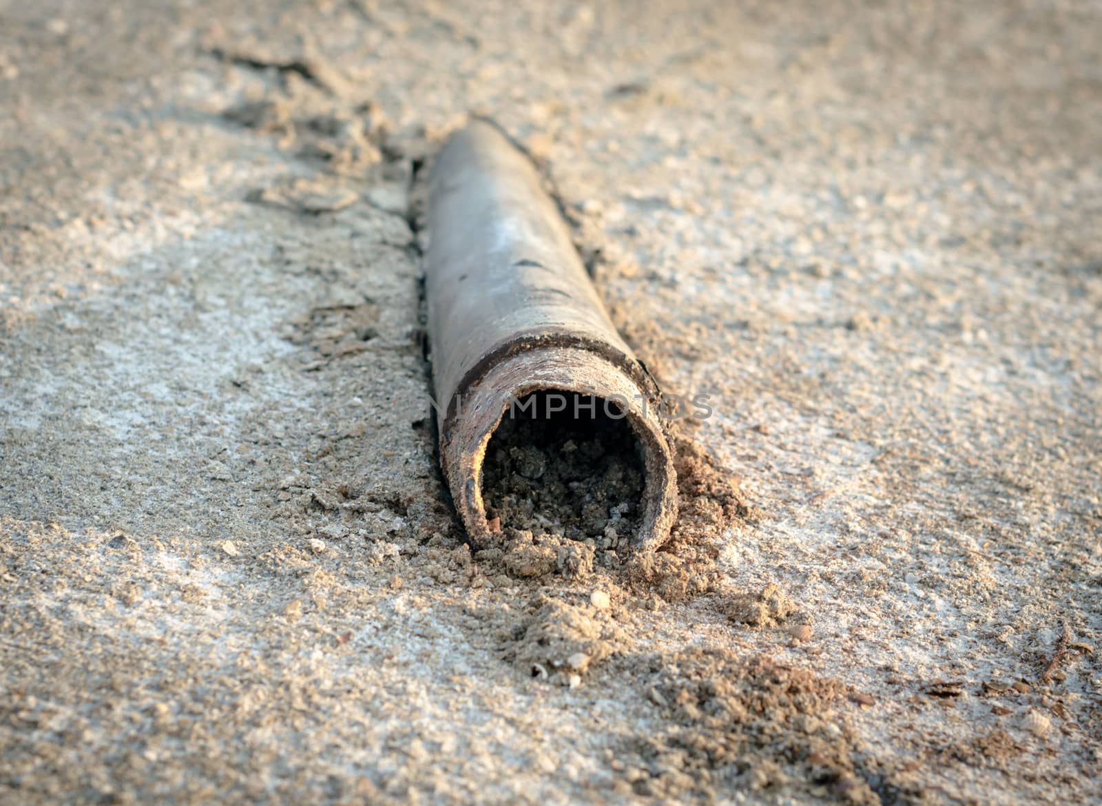old dry dirty trumpet sticks out of the ground