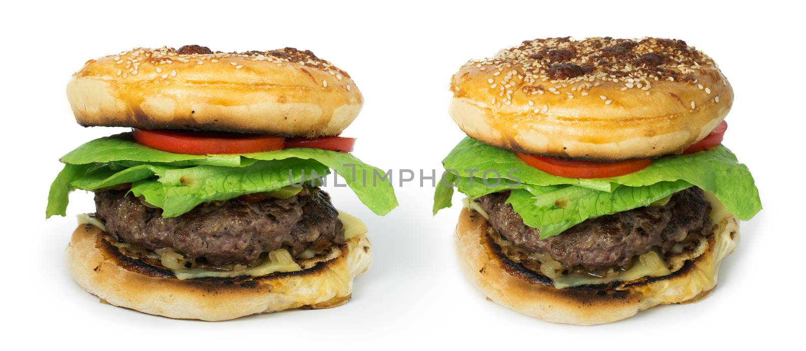 Hamburger with meat and lettuce. White isolared studio shot